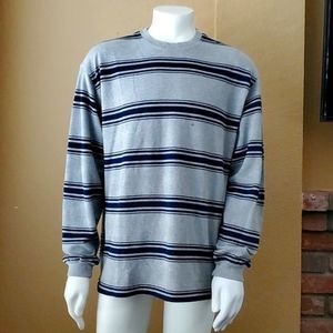 🆕️ GAP Men's Striped Gray & Navy Long Sleeve Waffle Crew Neck T-Shirt SIZE: L